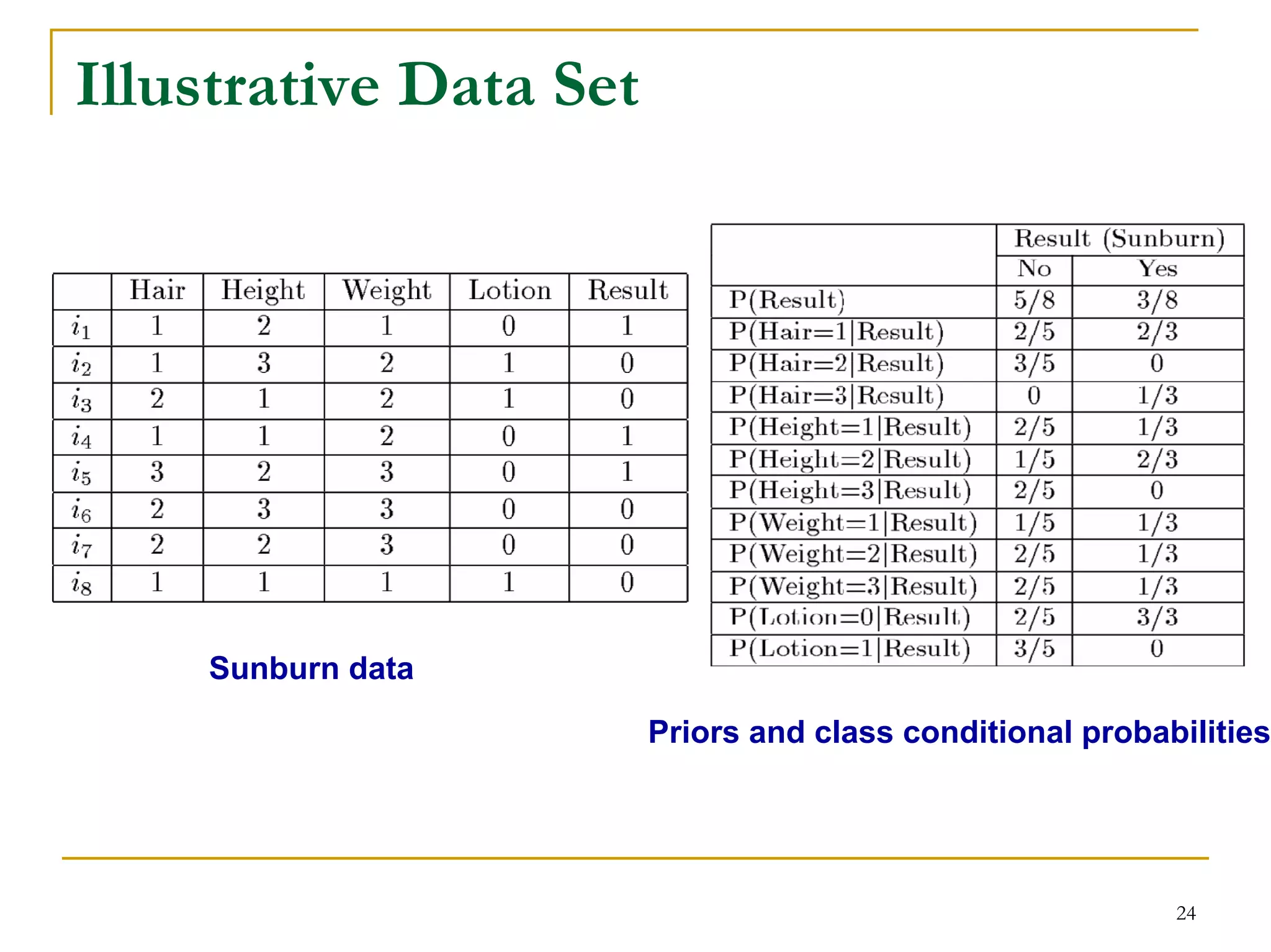 Illustrative Data Set




    Sunburn data

                        Priors and class conditional probabilities




                                                           24
 