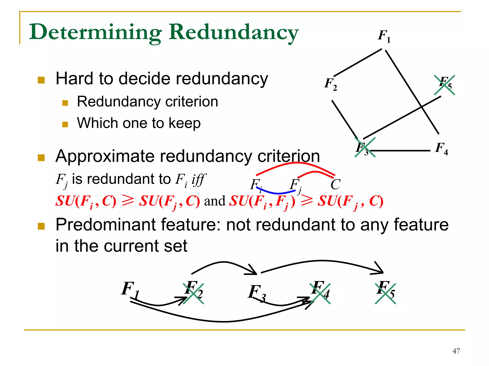 Determining Redundancy                                  F1


  Hard to decide redundancy                   F2             F5
     Redundancy criterion
     Which one to keep
                                                   F3        F4
  Approximate redundancy criterion
  Fj is redundant to Fi iff     Fi       Fj   C
  SU(Fi , C) ≥ SU(Fj , C) and SU(Fi , Fj ) ≥ SU(F j , C)
  Predominant feature: not redundant to any feature
  in the current set

            F1         F2        F3        F4           F5


                                                                  47
 