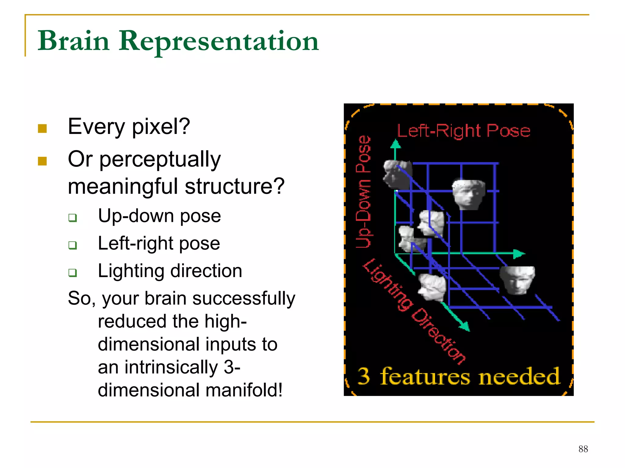 Brain Representation

  Every pixel?
  Or perceptually
  meaningful structure?
     Up-down pose
     Left-right pose
     Lighting direction
  So, your brain successfully
     reduced the high-
     dimensional inputs to
     an intrinsically 3-
     dimensional manifold!

                                88
 