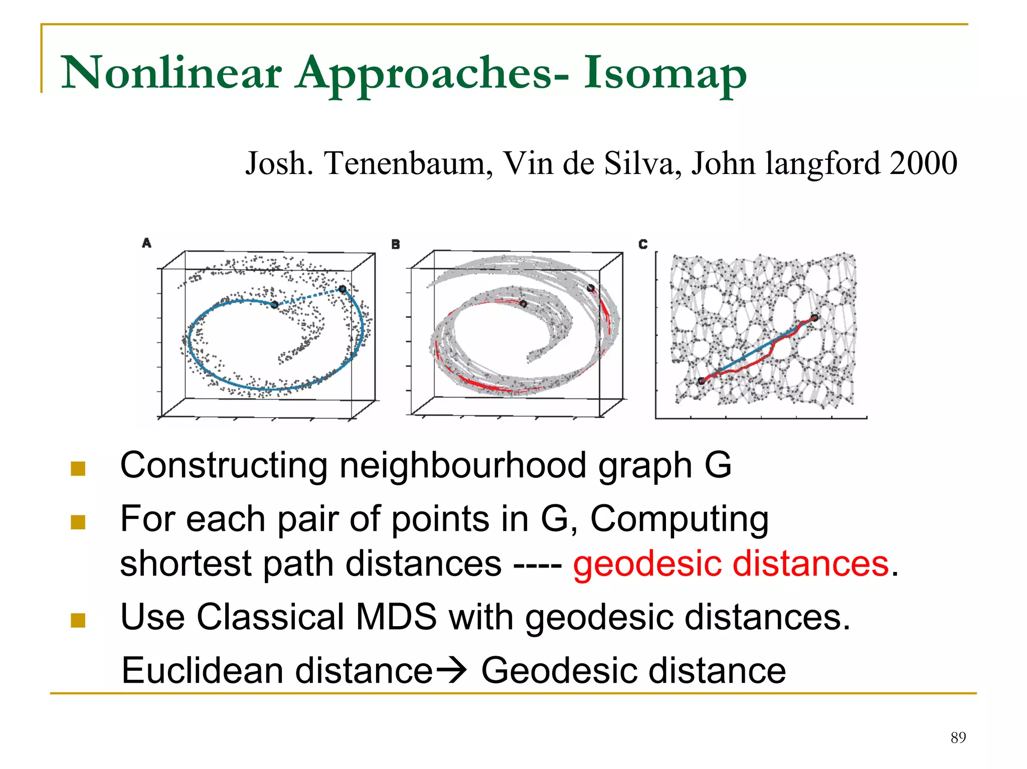 Nonlinear Approaches- Isomap
         Josh. Tenenbaum, Vin de Silva, John langford 2000




  Constructing neighbourhood graph G
  For each pair of points in G, Computing
  shortest path distances ---- geodesic distances.
  Use Classical MDS with geodesic distances.
  Euclidean distance Geodesic distance
                                                         89
 