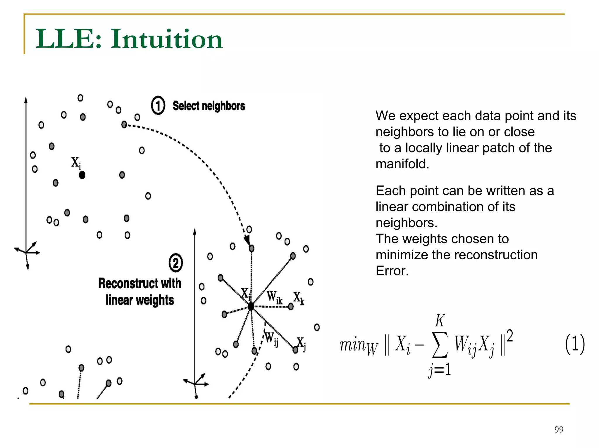 LLE: Intuition

                 We expect each data point and its
                 neighbors to lie on or close
                  to a locally linear patch of the
                 manifold.

                 Each point can be written as a
                 linear combination of its
                 neighbors.
                 The weights chosen to
                 minimize the reconstruction
                 Error.




                                              99
 