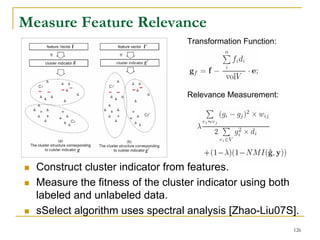 Measure Feature Relevance
                                 Transformation Function:




                                 Relevance Measurement:




  Construct cluster indicator from features.
  Measure the fitness of the cluster indicator using both
  labeled and unlabeled data.
  sSelect algorithm uses spectral analysis [Zhao-Liu07S].
                                                            126
 