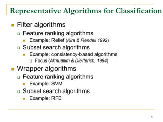 Representative Algorithms for Classification
  Filter algorithms
    Feature ranking algorithms
      Example: Relief (Kira & Rendell 1992)
    Subset search algorithms
      Example: consistency-based algorithms
        Focus (Almuallim & Dietterich, 1994)
  Wrapper algorithms
    Feature ranking algorithms
      Example: SVM
    Subset search algorithms
      Example: RFE


                                               33
 