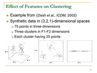 Effect of Features on Clustering
  Example from (Dash et al., ICDM, 2002)
  Synthetic data in (3,2,1)-dimensional spaces
    75 points in three dimensions
    Three clusters in F1-F2 dimensions
    Each cluster having 25 points




                                             37
 