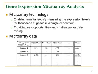 Gene Expression Microarray Analysis
 Microarray technology
   Enabling simultaneously measuring the expression levels
   for thousands of genes in a single experiment
   Providing new opportunities and challenges for data
   mining
 Microarray data




                                                             54
 