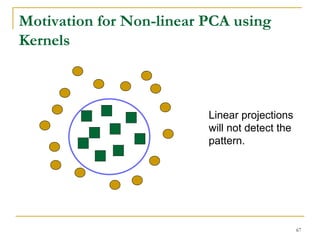 Motivation for Non-linear PCA using
Kernels



                          Linear projections
                          will not detect the
                          pattern.




                                                67
 