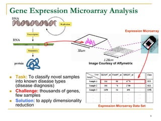 Gene Expression Microarray Analysis

                                                            Expression Microarray




                                     Image Courtesy of Affymetrix



 Task: To classify novel samples
 into known disease types
 (disease diagnosis)
 Challenge: thousands of genes,
 few samples
 Solution: to apply dimensionality
 reduction                                 Expression Microarray Data Set


                                                                            8
 