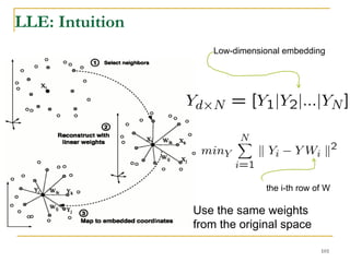 LLE: Intuition
                    Low-dimensional embedding




                               the i-th row of W

                 Use the same weights
                 from the original space

                                             101
 