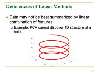 Deficiencies of Linear Methods

 Data may not be best summarized by linear
 combination of features
   Example: PCA cannot discover 1D structure of a
   helix
             20


             15


             10


             5


             0
             1
                  0.5                                         1
                        0                               0.5
                                                    0
                            -0.5             -0.5
                                   -1   -1


                                                                  85
 