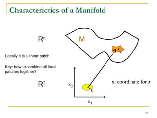 Characterictics of a Manifold


                    Rn               M
                                                 z
Locally it is a linear patch

Key: how to combine all local
patches together?

                                              x: coordinate for z
                    R2          x2
                                          x

                                         x1

                                                              97
 
