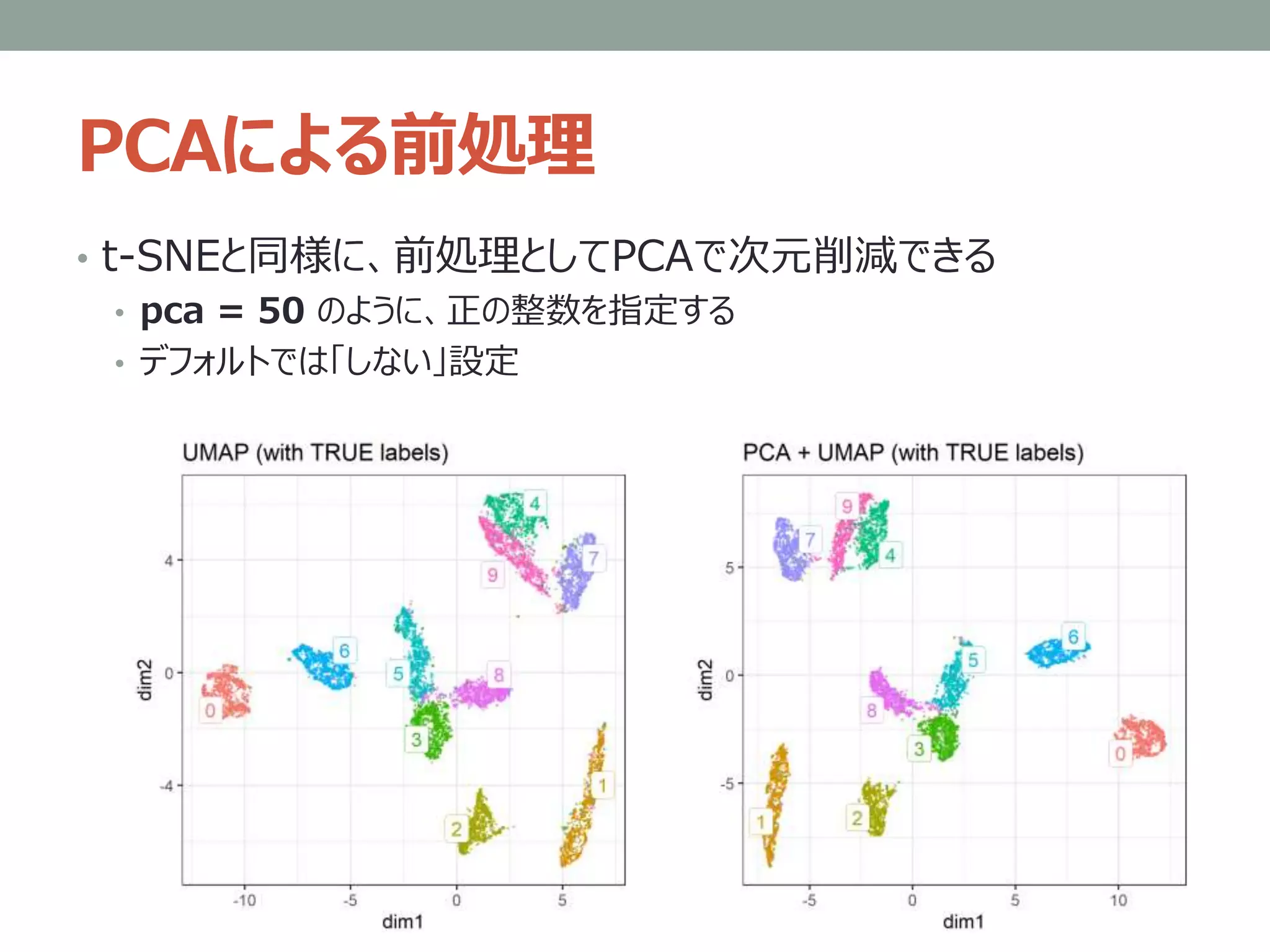 PCAによる前処理
• t-SNEと同様に、前処理としてPCAで次元削減できる
• pca = 50 のように、正の整数を指定する
• デフォルトでは「しない」設定
 