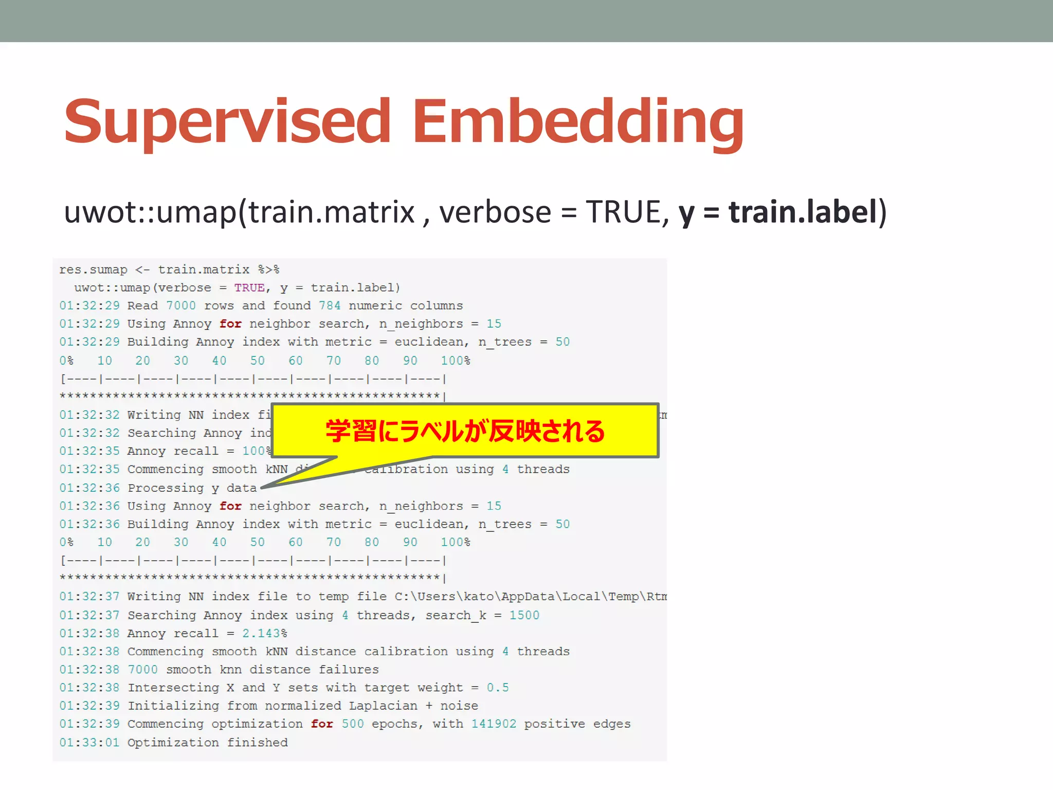 Supervised Embedding
uwot::umap(train.matrix , verbose = TRUE, y = train.label)
学習にラベルが反映される
 