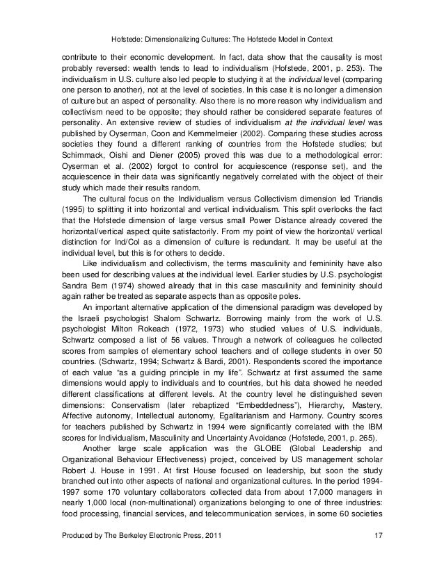 Dimensionalizing cultures the hofstede model in context