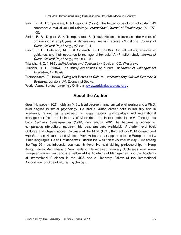 Dimensionalizing cultures the hofstede model in context