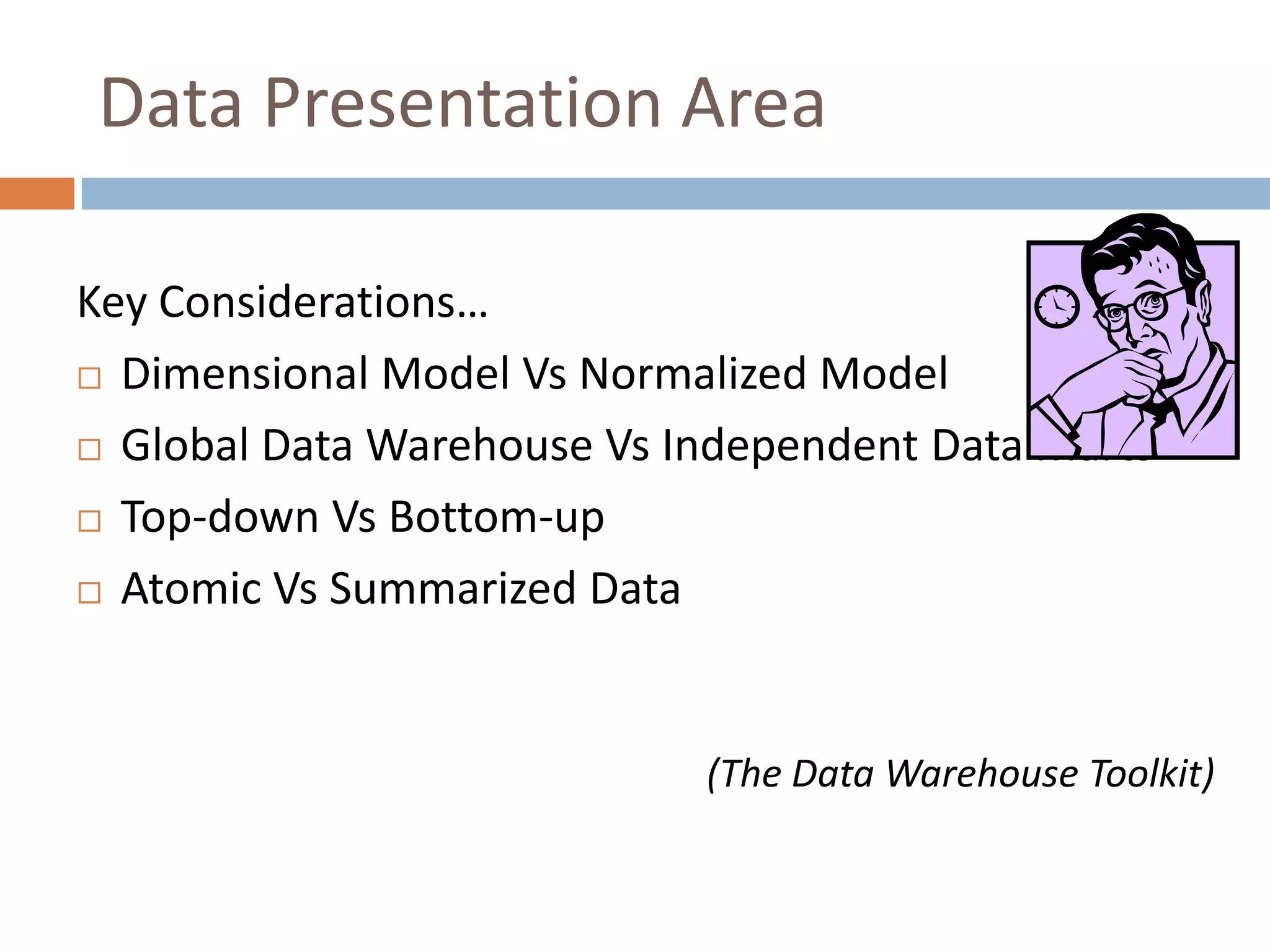 Data Presentation Area

Key Considerations…
 Dimensional Model Vs Normalized Model

 Global Data Warehouse Vs Independent Data Marts

 Top-down Vs Bottom-up

 Atomic Vs Summarized Data




                            (The Data Warehouse Toolkit)
 