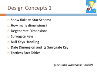 Design Concepts 1
   Snow flake vs Star Schema
   How many dimensions?
   Degenerate Dimensions
   Surrogate Keys
   Null Keys Handling
   Date Dimension and its Surrogate Key
   Factless Fact Tables


                              (The Data Warehouse Toolkit)
 