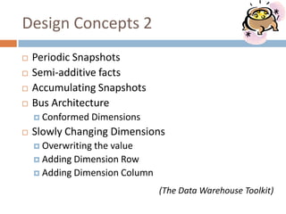 Design Concepts 2
   Periodic Snapshots
   Semi-additive facts
   Accumulating Snapshots
   Bus Architecture
     Conformed   Dimensions
   Slowly Changing Dimensions
     Overwritingthe value
     Adding Dimension Row
     Adding Dimension Column

                                (The Data Warehouse Toolkit)
 