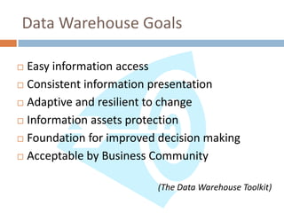 Data Warehouse Goals

 Easy information access
 Consistent information presentation

 Adaptive and resilient to change

 Information assets protection

 Foundation for improved decision making

 Acceptable by Business Community



                         (The Data Warehouse Toolkit)
 