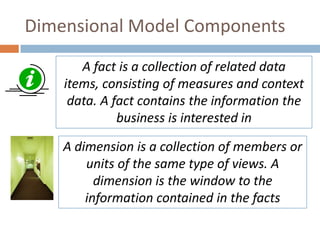 Dimensional Model Components
       A fact is a collection of related data
    items, consisting of measures and context
     data. A fact contains the information the
              business is interested in

    A dimension is a collection of members or
        units of the same type of views. A
          dimension is the window to the
        information contained in the facts
 