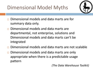 Dimensional Model Myths
   Dimensional models and data marts are for
    summary data only.
   Dimensional models and data marts are
    departmental, not enterprise, solutions and
    Dimensional models and data marts can’t be
    integrated
   Dimensional models and data marts are not scalable
   Dimensional models and data marts are only
    appropriate when there is a predictable usage
    pattern
                              (The Data Warehouse Toolkit)
 