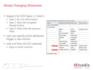 Slowly Changing Dimension


 Support for SCD Types 1, 2 and 3
      Type 1: Do not store history
      Type 2: Store the complete
       change history
      Type 3: Store only the previous
       value
 User can specify which attributes
  trigger a new version
 only use from 10.2.0.3 upwards
      bugs in earlier versions




                  2011 © Trivadis
17
                  Title of Presentation  Insert  Header & Footer
                  Date
 