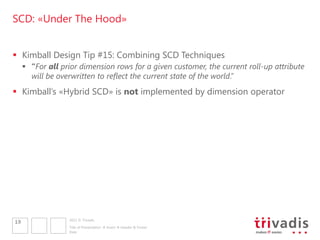 SCD: «Under The Hood»


 Kimball Design Tip #15: Combining SCD Techniques
      “For all prior dimension rows for a given customer, the current roll-up attribute
       will be overwritten to reflect the current state of the world.”
 Kimball’s «Hybrid SCD» is not implemented by dimension operator




                  2011 © Trivadis
19
                  Title of Presentation  Insert  Header & Footer
                  Date
 