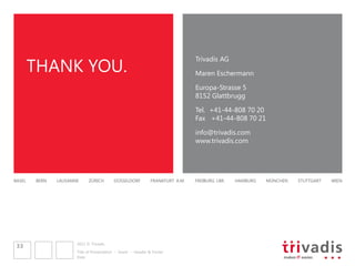 THANK YOU.
                                                                                 Trivadis AG

                                                                                 Maren Eschermann

                                                                                 Europa-Strasse 5
                                                                                 8152 Glattbrugg

                                                                                 Tel. +41-44-808 70 20
                                                                                 Fax +41-44-808 70 21

                                                                                 info@trivadis.com
                                                                                 www.trivadis.com




BASEL   BERN   LAUSANNE      ZÜRICH           DÜSSELDORF        FRANKFURT A.M.   FREIBURG I.BR.   HAMBURG   MÜNCHEN   STUTTGART   WIEN




                      2011 © Trivadis
 33
                      Title of Presentation    Insert   Header & Footer
                      Date
 