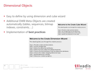 Dimensional Objects


 Easy to define by using dimension and cube wizard
 Additional OWB Meta-Objects are created
  automatically (tables, sequences, bitmap
  indexes, constraints, …)
 Implementation of best practices




             2011 © Trivadis
9
             Title of Presentation  Insert  Header & Footer
             Date
 