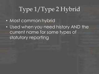 Type 1/Type 2 Hybrid
• Most common hybrid
• Used when you need history AND the
current name for some types of
statutory reporting
 