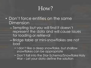 How?
• Iterate, Iterate, Iterate
– Your initial solution will be wrong
– Create it and start to define the load
process and reports
– You will learn more by using the data than
months of analysis to try and get the
model right
• Come to SDEC 13 if you want to hear
how our project technically did that
– Star Trek Theme
 