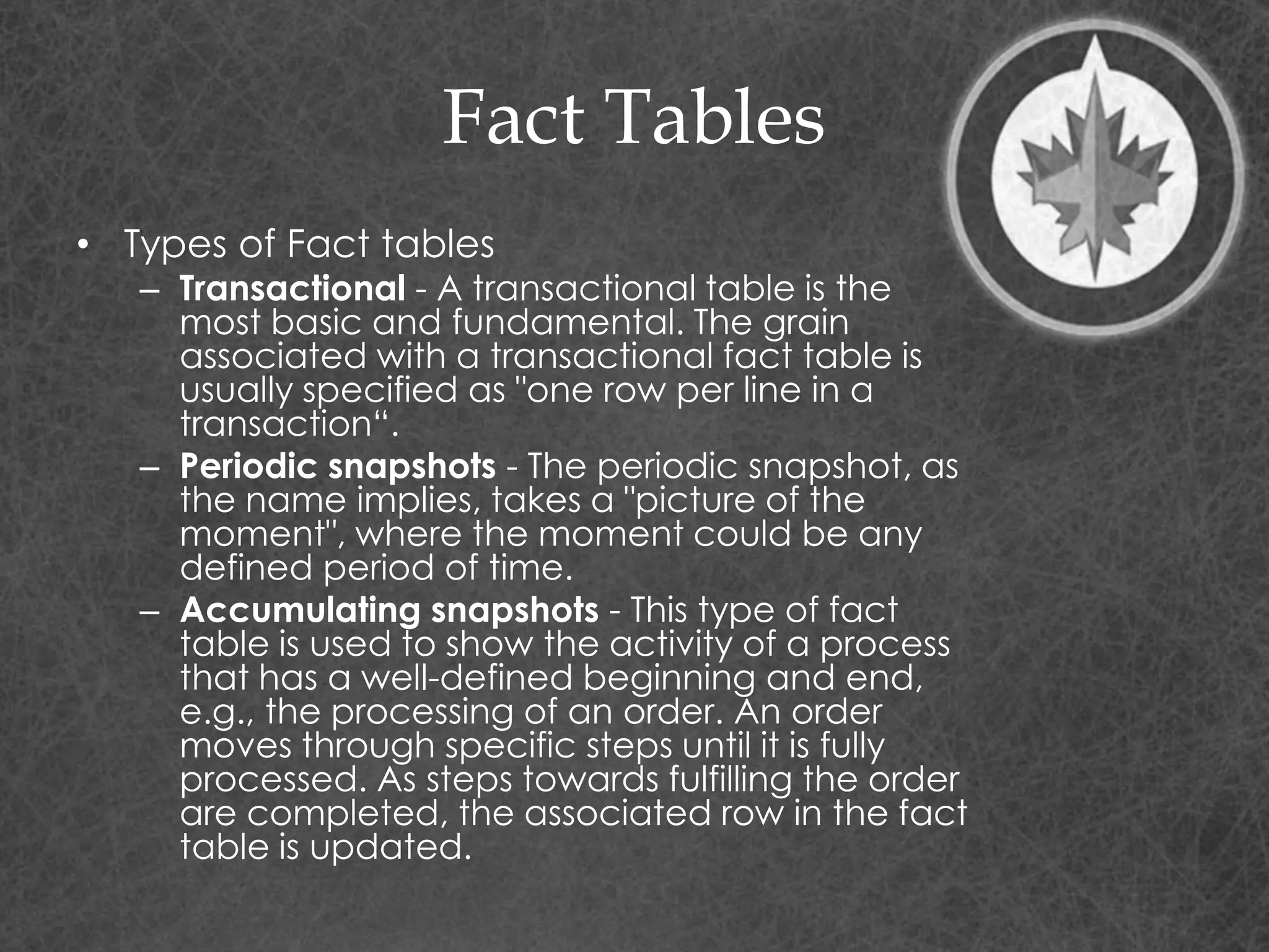 Fact Tables
• Types of Fact tables
– Transactional - A transactional table is the
most basic and fundamental. The grain
associated with a transactional fact table is
usually specified as "one row per line in a
transaction“.
– Periodic snapshots - The periodic snapshot, as
the name implies, takes a "picture of the
moment", where the moment could be any
defined period of time.
– Accumulating snapshots - This type of fact
table is used to show the activity of a process
that has a well-defined beginning and end,
e.g., the processing of an order. An order
moves through specific steps until it is fully
processed. As steps towards fulfilling the order
are completed, the associated row in the fact
table is updated.
 