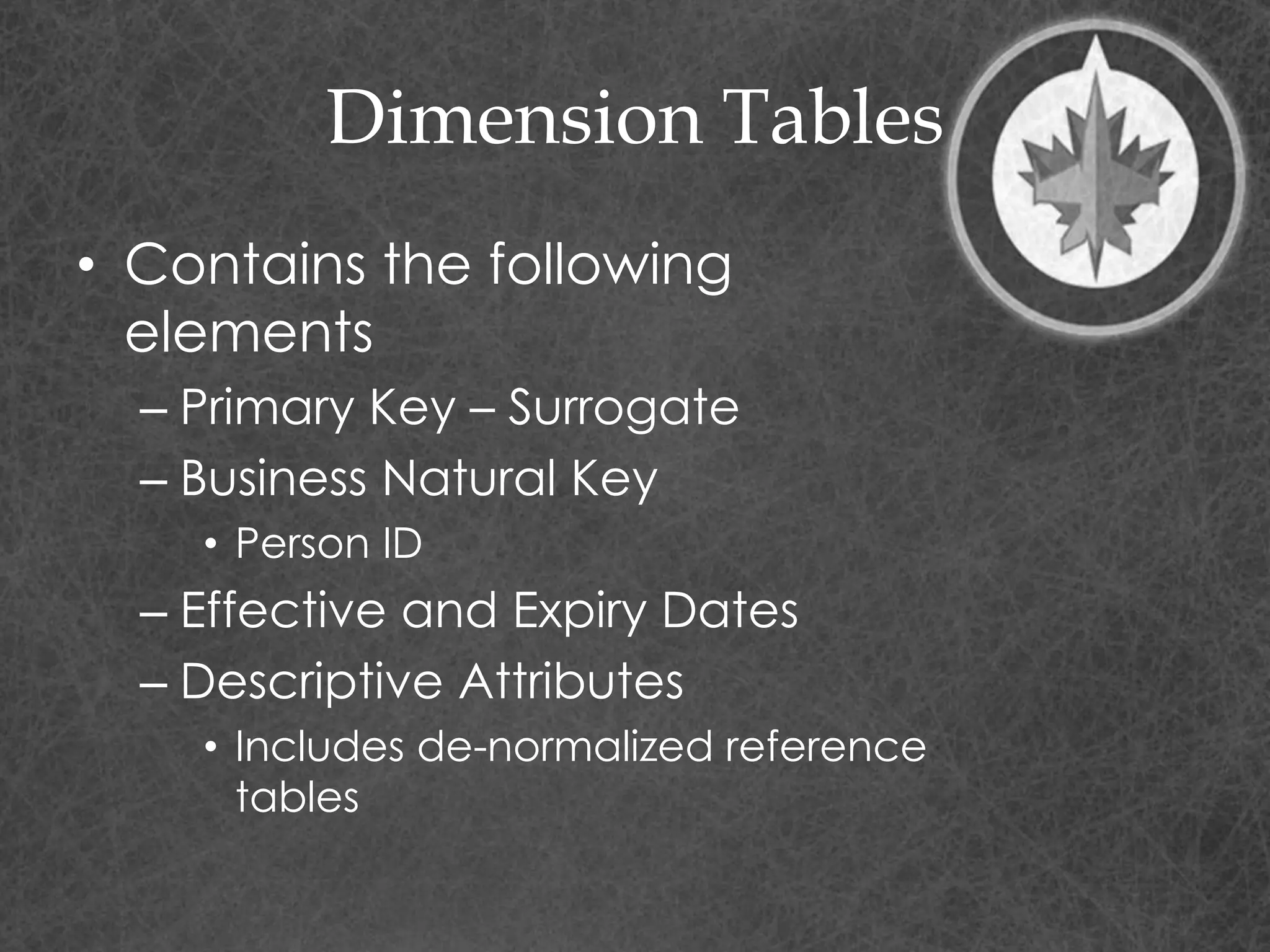 Dimension Tables
• Contains the following
elements
– Primary Key – Surrogate
– Business Natural Key
• Person ID
– Effective and Expiry Dates
– Descriptive Attributes
• Includes de-normalized reference
tables
 