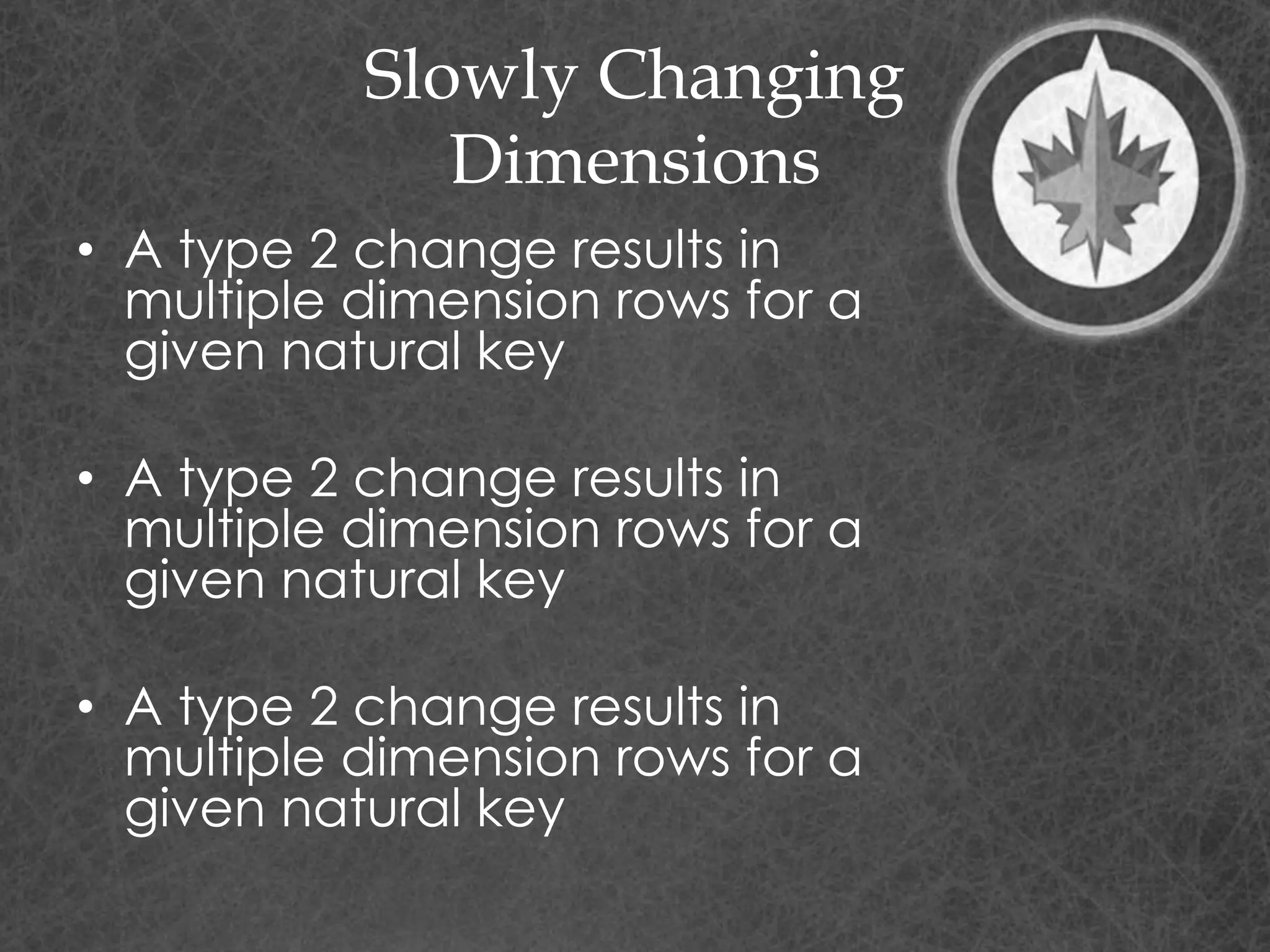 Slowly Changing
Dimensions
• A type 2 change results in
multiple dimension rows for a
given natural key
• A type 2 change results in
multiple dimension rows for a
given natural key
• A type 2 change results in
multiple dimension rows for a
given natural key
 