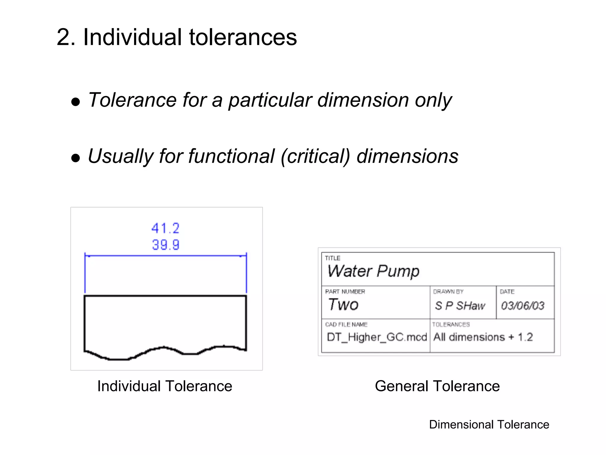 2. Individual tolerances

   Tolerance for a particular dimension only

   Usually for functional (critical) dimensions




    Individual Tolerance             General Tolerance

                                            Dimensional Tolerance
 