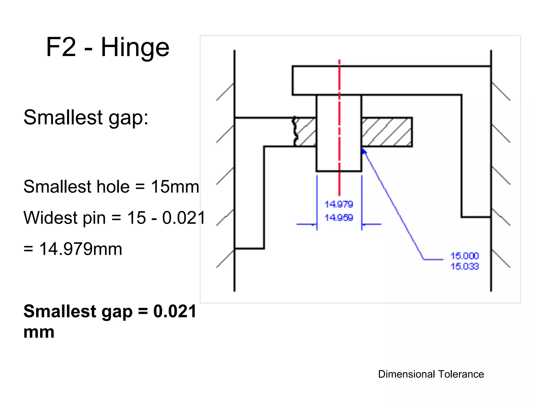 F2 - Hinge

Smallest gap:


Smallest hole = 15mm
Widest pin = 15 - 0.021
= 14.979mm


Smallest gap = 0.021
mm

                          Dimensional Tolerance
 