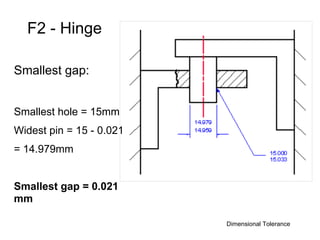 F2 - Hinge

Smallest gap:


Smallest hole = 15mm
Widest pin = 15 - 0.021
= 14.979mm


Smallest gap = 0.021
mm

                          Dimensional Tolerance
 