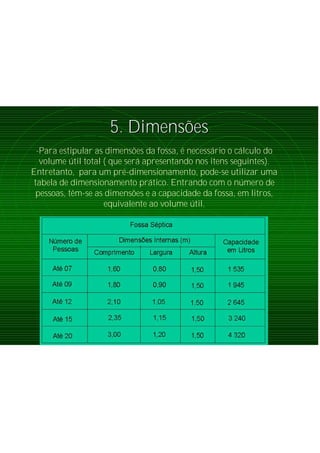 -Para estipular as dimensões da fossa, é necessário o cálculo do
volume útil total ( que será apresentando nos itens seguintes).
Entretanto, para um pré-dimensionamento, pode-se utilizar uma
tabela de dimensionamento prático. Entrando com o número de
pessoas, têm-se as dimensões e a capacidade da fossa, em litros,
equivalente ao volume útil.
5. Dimens5. Dimensõõeses
 