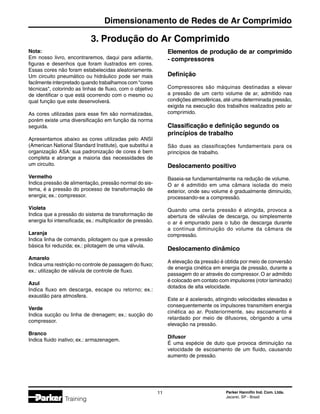 Parker Hannifin Ind. Com. Ltda.
Jacareí, SP - Brasil
11
Dimensionamento de Redes de Ar Comprimido
Training
3. Produção do Ar Comprimido
Nota:
Em nosso livro, encontraremos, daqui para adiante,
figuras e desenhos que foram ilustrados em cores.
Essas cores não foram estabelecidas aleatoriamente.
Um circuito pneumático ou hidráulico pode ser mais
facilmente interpretado quando trabalhamos com cores
técnicas, colorindo as linhas de fluxo, com o objetivo
de identificar o que está ocorrendo com o mesmo ou
qual função que este desenvolverá.
As cores utilizadas para esse fim são normalizadas,
porém existe uma diversificação em função da norma
seguida.
Apresentamos abaixo as cores utilizadas pelo ANSI
(American National Standard Institute), que substitui a
organização ASA: sua padronização de cores é bem
completa e abrange a maioria das necessidades de
um circuito.
Vermelho
Indica pressão de alimentação, pressão normal do sis-
tema, é a pressão do processo de transformação de
energia; ex.: compressor.
Violeta
Indica que a pressão do sistema de transformação de
energia foi intensificada; ex.: multiplicador de pressão.
Laranja
Indica linha de comando, pilotagem ou que a pressão
básica foi reduzida; ex.: pilotagem de uma válvula.
Amarelo
Indica uma restrição no controle de passagem do fluxo;
ex.: utilização de válvula de controle de fluxo.
Azul
Indica fluxo em descarga, escape ou retorno; ex.:
exaustão para atmosfera.
Verde
Indica sucção ou linha de drenagem; ex.: sucção do
compressor.
Branco
Indica fluido inativo; ex.: armazenagem.
Elementos de produção de ar comprimido
- compressores
Definição
Compressores são máquinas destinadas a elevar
a pressão de um certo volume de ar, admitido nas
condições atmosféricas, até uma determinada pressão,
exigida na execução dos trabalhos realizados pelo ar
comprimido.
Classificação e definição segundo os
princípios de trabalho
São duas as classificações fundamentais para os
princípios de trabalho.
Deslocamento positivo
Baseia-se fundamentalmente na redução de volume.
O ar é admitido em uma câmara isolada do meio
exterior, onde seu volume é gradualmente diminuído,
processando-se a compressão.
Quando uma certa pressão é atingida, provoca a
abertura de válvulas de descarga, ou simplesmente
o ar é empurrado para o tubo de descarga durante
a contínua diminuição do volume da câmara de
compressão.
Deslocamento dinâmico
A elevação da pressão é obtida por meio de conversão
de energia cinética em energia de pressão, durante a
passagem do ar através do compressor. O ar admitido
é colocado em contato com impulsores (rotor laminado)
dotados de alta velocidade.
Este ar é acelerado, atingindo velocidades elevadas e
consequentemente os impulsores transmitem energia
cinética ao ar. Posteriormente, seu escoamento é
retardado por meio de difusores, obrigando a uma
elevação na pressão.
Difusor
É uma espécie de duto que provoca diminuição na
velocidade de escoamento de um fluido, causando
aumento de pressão.
 