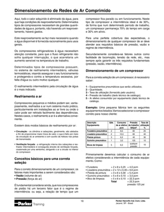 Dimensionamento de Redes de Ar Comprimido
16 Parker Hannifin Ind. Com. Ltda.
Jacareí, SP - Brasil
Training
Aqui, todo o calor adquirido é eliminado da água, para
que haja condições de reaproveitamento.Determinados
tipos de compressores necessitam de grandes quanti-
dades de água e, portanto, não havendo um reaprovei-
tamento, haverá gastos.
Este reaproveitamento se faz mais necessário quando
a água disponível é fornecida racionalmente para usos
gerais.
Os compressores refrigeradores à água necessitam
atenção constante, para que o fluxo refrigerante não
sofra qualquer interrupção, o que acarretaria um
aumento sensível na temperatura de trabalho.
Determinados tipos de compressores possuem,
no sistema de resfriamento intermediário, válvulas
termostáticas, visando assegurar o seu funcionamento
e protegendo-o contra a temperatura excessiva, por
falta d'água ou outro motivo qualquer.
O resfriamento intermediário pela circulação de água
é o mais indicado.
Resfriamento a ar
Compressores pequenos e médios podem ser, vanta-
josamente, resfriados a ar num sistema muito prático,
particularmente em instalações ao ar livre ou onde o
calor pode ser retirado facilmente das dependências.
Nestes casos, o resfriamento a ar é a alternativa conve-
niente.
Existem dois modos básicos de resfriamento por ar:
•	Circulação - os cilindros e cabeçotes, geralmente, são aletados
	 a fim de proporcionar maior troca de calor, o que é feito por meio
	 da circulação do ar ambiente e com auxílio de hélices nas polias
	 de transmissão.
•	Ventilação forçada - a refrigeração interna dos cabeçotes e res-
	 friador intermediário é conseguida através de ventilação forçada,
	 ocasionada por uma ventoinha, obrigando o ar a circular no interior
	 do compressor.
Conceitos básicos para uma correta
seleção
Para o correto dimensionamento de um compressor, os
fatores mais importantes a serem considerados são:
• Vazão (volume de ar)
• Pressão (força do ar)
Éfundamentalconsiderarainda,quenoscompressores
de pistão há um terceiro fator que é o regime de
intermitência: ou seja, a relação de tempo que um
compressor fica parado ou em funcionamento. Neste
tipo de compressor a intermitência ideal é de 30%,
de forma que num determinado período de trabalho,
um compressor permaneça 70% do tempo em carga
e 30% em alívio.
Para uma perfeita cobertura das expectativas, o
dimensionamento de qualquer compressor de ar deve
atender aos requisitos básicos de pressão, vazão e
regime de intermitência.
Secundariamente considera-se fatores outros como
facilidade de locomoção, tensão da rede, etc., mas
sempre após garantir os três requisitos fundamentais
(pressão, vazão, intermitência).
Dimensionamento de um compressor
Para a correta seleção de um compressor, é necessário
saber:
1 -	Equipamentos pneumáticos que serão utilizados;
2 -	Quantidade;
3 -	Taxa de utilização (fornecido pelo usuário);
4 -	Pressão de trabalho (dado técnico de catálogo);
5 -	Ar efetivo consumidor por equipamento (dado técnico de
	 catálogo.
Exemplo: Uma pequena fábrica tem os seguintes
equipamentoslistados.Vamosselecionarocompressor
correto para nosso cliente:
	 Descrição	 Qde.	 Consumo	 Pressão	 Taxa de
	 Equipamento		 de ar efetivo	 de trabalho	 utilização
			 pcm	 lbf/pol2
	 %
	 Furadeira pneumática	 2	 8,0	 60	25
	 Lixadeira pneumática	 2	12,0	 60	 40
	 Pistola pintura	 3	 6,0	 40	30
	 Guincho pneumático	 1	3,0	125	10
	
Bicos de limpeza	 5	 6,0
	 qualquer	
10
				 pressão
Primeiramente devemos calcular o consumo de ar
efetivo considerando a intermitência de cada equipa-
mento. Como:
• Furadeira	 = 2 x 8 x 0,25	 = 4,0 pcm
• Lixadeira pneumática	= 2 x 12 x 0,40	= 9,6 pcm
• Pistola de pintura	 = 3 x 6 x 0,30	 = 5,4 pcm
• Guincho pneumático	 = 5 x 6 x 0,10	 = 3,0 pcm
• Bico de limpeza	 = 5 x 6 x 0,10	 = 22,3 pcm
	 Total	 = 22,3 pcm
		 pressão 125 psi
 