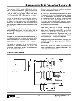 Parker Hannifin Ind. Com. Ltda.
Jacareí, SP - Brasil
37
Dimensionamento de Redes de Ar Comprimido
Training
Para secar o ar existem dois tipos básicos de secado-
res: Em geral um secador por adsorção possui duas
torres de secagem. As torres são preenchidas com
Óxido de Silício SiO2
(Silicagel), Alumina Ativa Al2
O3
,
Rede Molecular (Na Al O2
Si O2
) ou ainda Sorbead.
Através de uma válvula direcional, o ar úmido é
orientado para uma torre, onde haverá a secagem do
ar.Na outra torre ocorrerá a regeneração da substância
adsorvente, que poderá ser feita por injeção de ar
quente; na maioria dos casos por resistores e circula-
ção de ar seco.
Havendo o aquecimento da substância, provocaremos
a evaporação da umidade. Por meio de um fluxo de
ar seco a água em forma de vapor é arrastada para a
atmosfera. T
erminado um período de trabalho preestabelecido, há
inversão nas função das torres, por controle manual ou
automático na maioria dos casos; a torre que secava o
ar passa a ser regenerada e outra inicia a secagem.
Ao realizar-se a secagem do ar com as diferentes
substâncias, é importante atentar para máxima tem-
peratura do ar seco, como também para a temperatura
de regeneração da substância.
Estes são fatores que devem ser levados em conta para
um bom desempenho do secador.
Na saída do ar deve ser prevista a colocação de um
filtro para eliminar a poeira das substâncias, prejudicial
para os componentes pneumáticos, bem como deve
ser montado um filtro de carvão ativo antes da entrada
do secador, para eliminar os resíduos de óleo, que,
em contato com as substâncias de secagem, causam
sua impregnação, reduzindo consideravelmente o seu
poder de retenção de umidade.
Como vimos, é de grande importância a qualidade do
ar que será utilizado. Esta qualidade poderá ser obtida
desde que os condicionamentos básicos do ar compri-
mido sejam concretizados, representando menores
índices de manutenção, maior durabilidade dos compo-
nentes pneumáticos, ou seja, será obtida maior lucrati-
vidade em relação à automatização efetuada.
Um painel de comando determina a frequência e a
amplitude dos ciclos de regeneração e adsorção deste
tipo de secador.
Um sistema de válvulas também comandada pelo
painel do secador permite que a umidade deixe o leito
saturado para o meio ambiente.
Proteção de secadores
Tipo de secador
Compressor de ar
Refrigeração
Não regenerativo
Grau: 3PU
para baixa
temperatura
ou 10DS
para altas
temperaturas
P
R
3
P
U
1
0
C
6
C
1
0
C
6
C
1
0
C
6
C
3
P
U
Dissecante
 