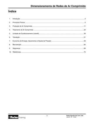 Parker Hannifin Ind. Com. Ltda.
Jacareí, SP - Brasil

Dimensionamento de Redes de Ar Comprimido
Training
Índice
1.	 Introdução........................................................................................................................................................4
2.	 Princípios Físicos.............................................................................................................................................5
3.	 Produção do Ar Comprimido..........................................................................................................................11
4.	 Tratamento do Ar Comprimido.......................................................................................................................20
5.	 Unidade de Condicionamento (lubrefil)..........................................................................................................39
6.	 Tubulação.......................................................................................................................................................51
7.	 Economia de Energia, Vazamentos e Queda de Pressão.............................................................................59
8.	 Manutenção....................................................................................................................................................65
9.	 Segurança......................................................................................................................................................69
10.	 Referências....................................................................................................................................................70
 