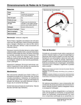 Dimensionamento de Redes de Ar Comprimido
48 Parker Hannifin Ind. Com. Ltda.
Jacareí, SP - Brasil
Training
Materiais
Corpo	 Zamac
Copo	 Policarbonato transparente
	 zamac (copo Mmetálico)
Haste de ajuste	 Aço
Protetor do copo	 Aço
Anel de fixação 	 Plástico (copo de policarbonato
do copo	 série 06/07, e copo metálico (série 06)
	 alumínio (copo metálico série 07)
Diafragma	 Borracha nitrílica (buna-N)
Manopla de regulagem	 Plástico
Mola de regulagem	 Aço
Mola de assento	 Aço
Manutenção - observar o seguinte:
Nunca limpar o regulador com estopa e sim com pano
macio que não solte fiapos.Utilizar somente querosene
para a lavagem. Observar se a tela do filtro interno
não está obstruída. Verificar a face de borracha do
obturador (disco).
Se possuir marcas profundas demais ou estiver deslo-
cada da posição, substituir todo o conjunto haste-disco.
Verificar a extremidade da haste. Se estiver arranhada
ou marcada, proceder como acima. Inspecionar o O
Ring no orifício central do diafragma, para eliminar
possíveis resíduos de impurezas. Se estiver marcado
ou mastigado, substituí-lo; não havendo possibilidade,
trocar o diafragma.
Inspecionar o diafragma. Se houver racha-duras, sub-
stituí-lo. Inspecionar a mola. Verificar se o parafuso de
compressão da mola não está espanado.
Manômetros
São instrumentos utilizados para medir e indicar a in-
tensidade de pressão do ar comprimido, óleo, etc.Nos
circuitos pneumáticos e hidráulicos, os manôme-tros
são utilizados para indicar o ajuste da intensidade de
pressão nas válvulas, que pode influenciar a força, o
torque, de um conversor de energia.
Existem dois tipos principais de manômetros: Tubo de
Bourdon Schrader (tipo hidráulico)
Tubo de Bourdon
Consiste em uma escala circular sobre a qual gira um
ponteiro indicador ligado a um jogo de engrenagens e
alavancas.Este conjunto é ligado a um tubo recurvado,
fechado em uma extremidade e aberto em outra, que
está ligada com a entrada de pressão. Aplicando-se
pressão na entrada, o tubo tende a endireitar-se, articu-
lando-se as alavancas com a engrenagem, transmitindo
movimento para o indicador e registrando a pressão
sobre a escala.
Nota: Convém lembrar que existem dois tipos de pressão: Absoluta
e Relativa (Manométrica).
Absoluta: é a soma da pressão manométrica com a pressão at-
mosférica.
Relativa: é a pressão indicada nos manômetros, isenta da pressão
atmosférica.Geralmente utilizada nas escalas dos manômetros, pois
através dela as conversões de energia fornecem seus trabalhos.
Lubrificação
Os sistemas pneumáticos e seus componentes são
constituídos de partes possuidoras de movimentos re-
lativos, estando, portanto, sujeitos a desgastes mútuos
e consequente inutilização.
Para diminuir os efeitos desgastantes e as forças de
atrito, a fim de facilitar os movimentos, os equipamentos
devem ser lubrificados convenientemente, por meio
do ar comprimido. Lubrificação do ar comprimido é a
Manômetro tipo tubo de Bourdon
Simbologia
 