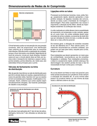 Dimensionamento de Redes de Ar Comprimido
52 Parker Hannifin Ind. Com. Ltda.
Jacareí, SP - Brasil
Training
O Anel fechado auxilia na manutenção de uma pressão
constante, além de proporcionar uma distribuição
mais uniforme do ar comprimido para os consumos
intermitentes.Dificulta porém a separação da umidade,
porque o fluxo não possui uma direção;dependendo do
local de consumo, circula em duas direções. Existem
casos em que o circuito aberto deve ser feito, por ex.:
área onde o transporte de materiais e peças é aéreo,
pontos isolados, pontos distantes, etc; neste caso, são
estendidas linhas principais para o ponto.
Válvulas de fechamento na linha
de distribuição
São de grande importância na rede de distribuição para
permitir a divisão desta em seções, especialmente em
casos de grandes redes, fazendo com que as seções
tornem-se isoladas para inspeção, modificações e ma-
nutenção. Assim, evitamos que outras seções sejam
simultaneamente atingidas, não havendo paralisação
do trabalho e da produção.
Ligações entre os tubos
Processam-se de diversas maneiras, rosca, solda, flan-
ge, acoplamento rápido, devendo apresentar a mais
perfeita vedação. As ligações roscadas são comuns,
devido ao baixo custo e facilidade de montagem e
desmontagem. Para evitar vazamentos nas roscas é
importante a utilização da fita Teflon, devido às imper-
feições existentes na confecção das roscas.
A união realizada por solda oferece menor possibilidade
de vazamento, se comparada à união roscada, apesar
de um custo maior. As uniões soldadas devem estar
cercadas de certos cuidados, as escamas de óxido têm
que ser retiradas do interior do tubo, o cordão de solda
deve ser o mais uniforme possível.
De maneira geral, a utilização de conexões roscadas
se faz até diâmetros de 3. Para valores acima, nor-
malmente recomendam-se conexões soldadas, que
podem ser por topo para tubos, soquete para curvas,
flanges e válvulas.
Para instalações que devem apresentar um maior grau
de confiabilidade, recomenda-se uso de conexões
flangeadas e soldadas. Para instalações provisórias,
o ideal é o acoplamento rápido, também estanque. Na
desmontagem não existem perdas de tubo e não há
necessidade de fazer cortes para a remoção.
Curvatura
As curvas devem ser feitas no maior raio possível, para
evitar perdas excessivas por turbulência.Evitar sempre
a colocação de cotovelos 90°
. A curva mínima deve
possuir na curvatura interior um raio mínimo de duas
vezes o diâmetro externo do tubo.
Isolamento da rede de distribuição com válvula
de fechamento
AC
Curvatura em uma rede de distribuição
Ø
R. Mín. 2 Ø
Sala dos compressores
60 m 30 m
30 m 30 m 30 m
As válvulas mais aplicadas até 2 são do tipo de esfera,
diafragma. Acima de 2 são utilizadas as válvulas tipo
gaveta.
 