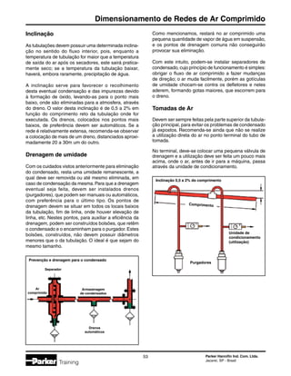Parker Hannifin Ind. Com. Ltda.
Jacareí, SP - Brasil
53
Dimensionamento de Redes de Ar Comprimido
Training
Inclinação
As tubulações devem possuir uma determinada inclina-
ção no sentido do fluxo interior, pois, enquanto a
temperatura de tubulação for maior que a temperatura
de saída do ar após os secadores, este sairá pratica-
mente seco; se a temperatura da tubulação baixar,
haverá, embora raramente, precipitação de água.
A inclinação serve para favorecer o recolhimento
desta eventual condensação e das impurezas devido
à formação de óxido, levando-as para o ponto mais
baixo, onde são eliminadas para a atmosfera, através
do dreno. O valor desta inclinação é de 0,5 a 2% em
função do comprimento reto da tubulação onde for
executada. Os drenos, colocados nos pontos mais
baixos, de preferência devem ser automáticos. Se a
rede é relativamente extensa, recomenda-se observar
a colocação de mais de um dreno, distanciados aproxi-
madamente 20 a 30m um do outro.
Drenagem de umidade
Com os cuidados vistos anteriormente para eliminação
do condensado, resta uma umidade remanescente, a
qual deve ser removida ou até mesmo eliminada, em
caso de condensação da mesma.Para que a drenagem
eventual seja feita, devem ser instalados drenos
(purgadores), que podem ser manuais ou automáticos,
com preferência para o último tipo. Os pontos de
drenagem devem se situar em todos os locais baixos
da tubulação, fim de linha, onde houver elevação de
linha, etc. Nestes pontos, para auxiliar a eficiência da
drenagem, podem ser construídos bolsões, que retêm
o condensado e o encaminham para o purgador. Estes
bolsões, construídos, não devem possuir diâmetros
menores que o da tubulação. O ideal é que sejam do
mesmo tamanho.
Prevenção e drenagem para o condensado
Como mencionamos, restará no ar comprimido uma
pequena quantidade de vapor de água em suspensão,
e os pontos de drenagem comuns não conseguirão
provocar sua eliminação.
Com este intuito, podem-se instalar separadores de
condensado, cujo princípio de funcionamento é simples:
obrigar o fluxo de ar comprimido a fazer mudanças
de direção; o ar muda facilmente, porém as gotículas
de umidade chocam-se contra os defletores e neles
aderem, formando gotas maiores, que escorrem para
o dreno.
Tomadas de Ar
Devem ser sempre feitas pela parte superior da tubula-
ção principal, para evitar os problemas de condensado
já expostos. Recomenda-se ainda que não se realize
a utilização direta do ar no ponto terminal do tubo de
tomada.
No terminal, deve-se colocar uma pequena válvula de
drenagem e a utilização deve ser feita um pouco mais
acima, onde o ar, antes de ir para a máquina, passa
através da unidade de condicionamento.
Ar
comprimido
Separador
Armazenagem
de condensados
Drenos
automáticos
Inclinação 0,5 a 2% do comprimento
Comprimento
Purgadores
Unidade de
condicionamento
(utilização)
 