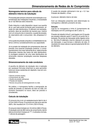 Parker Hannifin Ind. Com. Ltda.
Jacareí, SP - Brasil
55
Dimensionamento de Redes de Ar Comprimido
Training
Nomograma teórico para cálculo do
diâmetro interno da tubulação
Provocada pela sempre crescente racionalização e au-
tomatização das instalações industriais, a necessidade
de ar nas fábricas está crescendo.
Cada máquina e cada dispositivo requer sua quantia
de ar, que está sendo fornecido pelo compressor, at-
ravés da rede distribuídora. O diâmetro da tubulação,
portanto, deve ser escolhido de maneira que, mesmo
com um consumo de ar crescente, a queda da pressão,
do reservatório até o consumidor, não ultrapasse 0,1
bar.
Uma queda de pressão prejudica a rentabilidade do sis-
tema e diminui consideravelmente sua capacidade.
Já no projeto da instalação de compressores deve ser
prevista uma possível ampliação posterior, e conse-
quentemente uma maior demanda de ar, determinando
dimensões maiores dos tubos da rede distribuidora.
A montagem posterior de uma rede distribuidora de
dimensões maiores (ampliação) acarreta despesas
elevadas.
Dimensionamento da rede condutora
A escolha do diâmetro da tubulação não é realizada
por quaisquer fórmulas empíricas ou para aproveitar
tubos por acaso existentes em depósito, mas sim con-
siderando-se:
• Volume corrente (vazão);
• Comprimento da rede;
• Queda de pressão admissível;
• Pressão de trabalho;
• Número de pontos de estrangulamento na rede.
Na prática, o nomograma facilita a averiguação da
queda de pressão ou diáimetro do tubo na rede. Um
aumento necessário no futuro, deve ser previsto e
considerado.
Calculo da tubulação
O consumo de ar em um estabelecimento fabril é de 4
m3
/min (240 m3
/hora).O aumento em três anos será de
300%. Isto resultará em 12 m3
/min (720 m3
/hora).
O consumo total é limitado em 16 m3/min (960 m3
/hora).
A tubulação será de 280 metros de comprimento;dentro
dela se encontram 6 peças em T, 5 cotovelos normais,
1 válvula de passagem.
A queda de pressão admissível é de ∆p = 0,1 bar.
Pressão de trabalho = 8 bar.
A procurar: diâmetro interno do tubo
Com as indicações presentes será determinado no
nomograma o diâmetro provisório do tubo.
Solução:
Liga-se no nomograma a linha A (comprimento da
tubulação) com B e prolonga-se até C (eixo 1).
Pressão de trabalho linha E, será ligada com G (queda
de pressão) obtendo assim F (eixo 2) um ponto de in-
terseção. Os pontos de interseção serão ligados entre
si. Na linha D (diâmetro interno) obterse-á um ponto
de interseção, o qual fornece o diâmetro do tubo. O
resultado do nosso cálculo é aproximadamente 90 mm
de diâmetro.
 