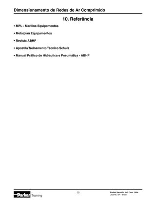 Dimensionamento de Redes de Ar Comprimido
70 Parker Hannifin Ind. Com. Ltda.
Jacareí, SP - Brasil
Training
10. Referência
•	MPL - Marllins Equipamentos
•	Metalplan Equipamentos
•	Revista ABHP
•	Apostila Treinamento Técnico Schulz
•	Manual Prático de Hidráulica e Pneumática - ABHP
 