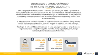WWW.ELOGROUP.COM.BR 24
ENTENDENDO O DIMENSIONAMENTO
FTE-FORÇA DE TRABALHO EQUIVALENTE
O FTE – Força de Trabalho Equivalente é um índice que descreve, em média, a quantidade de
horas produtivas de um funcionário em um mês. Por isso trata-se de um índice de referência que
indica o valor mínimo estimado de capacidade de produção de um colaborador no mês, observada
a taxa de folga (inclui descontos das taxas de benefícios e absenteísmo e a fadiga humana diária
de um colaborador).
O índice é calculado com base nos dados de saúde operacional, que definem o esforço mínimo
mensal esperado pelos profissionais, com uma margem de cobertura para faltas e licenças.
A definição de valor de FTE considera a média de horas gastas por servidor ao longo do ano nos
seguintes aspectos: Licença Prêmio, faltas abonadas, licença capacitação, férias, licença
natalidade, faltas não abonadas e afastamentos.
1 Pessoa
7h de jornada
22 dias por mês
HORA / MÊS
BRUTA
7 horas
x 22 dias
154 horas / mês
1 HORA / MÊS
LÍQUIDA
154 horas
- descontos
99,86 horas / mês
2
99,86
FTE
3
 