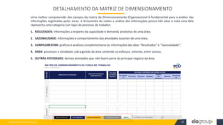 WWW.ELOGROUP.COM.BR 26
DETALHAMENTO DA MATRIZ DE DIMENSIONAMENTO
Uma melhor compreensão dos campos da matriz de Dimensionamento Organizacional é fundamental para a análise das
informações registradas pelas áreas. A ferramenta de coleta e análise das informações possui três abas e cada uma dela
representa uma categoria (um tipo) de processo de trabalho:
1. RESULTADOS: informações a respeito da capacidade e demanda produtiva de uma área;
2. SAZONALIDADE: informações e comportamento das atividades sazonais de uma área;
3. COMPLEMENTAR: gráficos e análises complementares às informações das abas “Resultados” e “Sazonalidade”;
4. ÁREA: processos e atividades sob a gestão da área contendo os esforços, volumes, entre outros;
5. OUTRAS ATIVIDADES: demais atividades que não fazem parte do principal negócio da área.
 