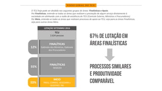 V I S Ã O G E R A L D O T C U
O TCU hoje pode ser dividido nos seguintes grupos de áreas: Finalísticas e Apoio.
Por Finalísticas, entende-se todas as áreas que realizam a prestação de algum serviço diretamente à
sociedade em alinhando com a razão de existência do TCU (Controle Externo, Ministros e Procuradores).
Por Meio, entende-se todas as áreas que realizam processos de apoio ao TCU, seja para as áreas Finalísticas,
seja para outras áreas Meio.
TCU
2.624 pessoas
MEIO
PRESI, CORREG, SEGEDAM e
SEGEPRES 785
33%
FINALÍTICAS
SEGECEX
55%
LOTAÇÃO SETEMBRO 2016
FINALÍTICAS
Gabinete dos Ministros, Gabinete
dos Procuradores
12%
 