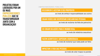 WWW.ELOGROUP.COM.BR 6
ao invés de reclamar da falta de patrocínio
ao invés de relatórios exaustivos
ao invés de reclamar que nada pode ser feito
E M P R E E N D E D O R E S P Ú B L I C O S :
ao invés de atribuir responsabilidade aos outros
ao invés de colar mapas na parede
 